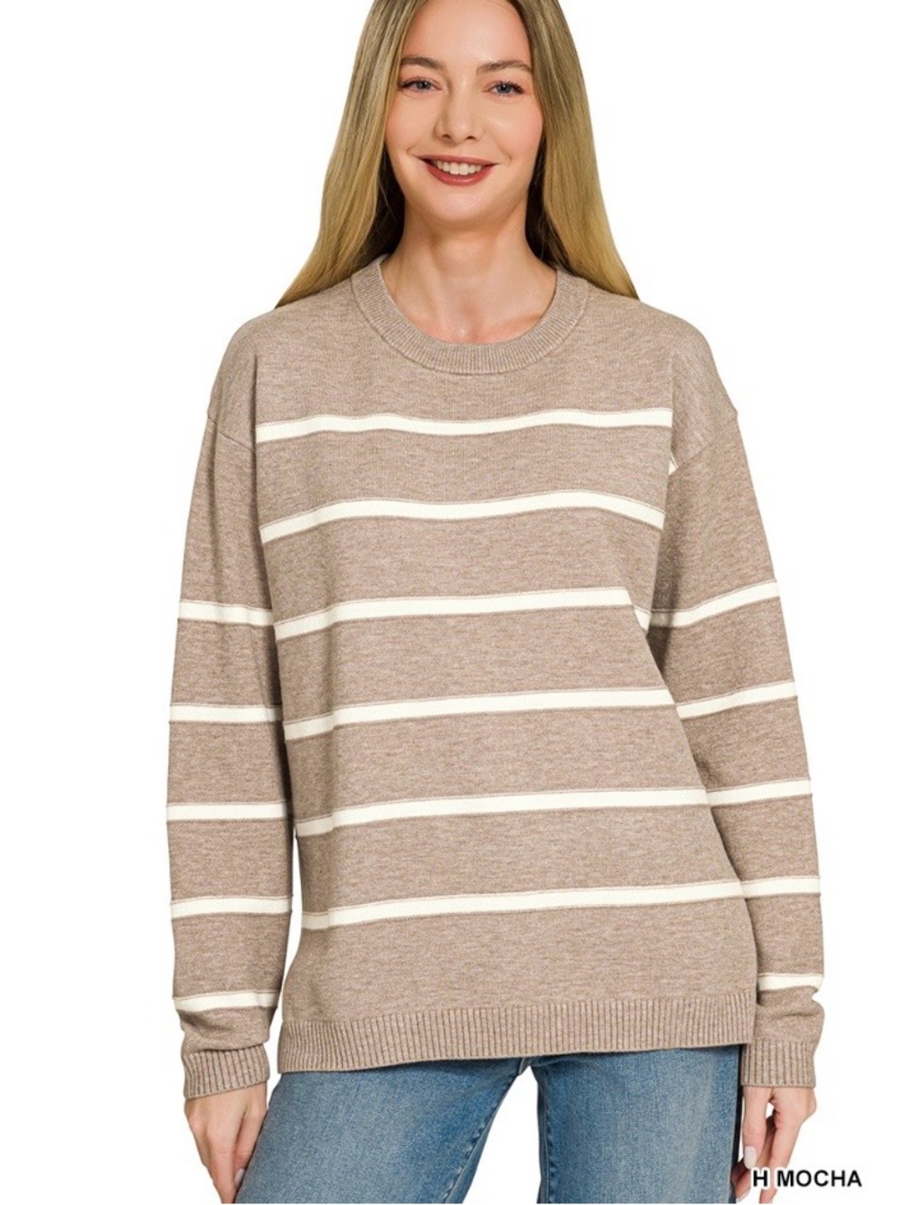 VISCOSE STRIPED ROUND NECK SWEATER